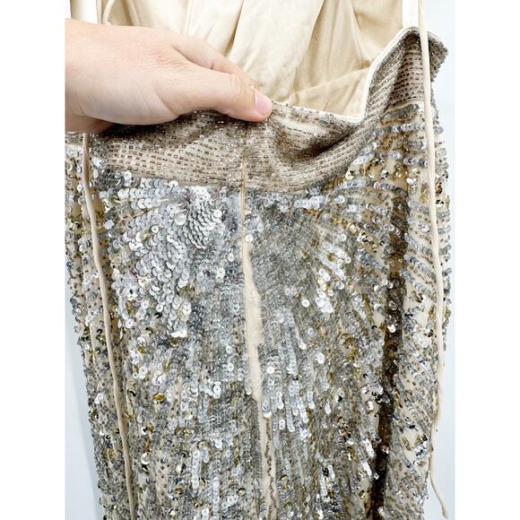 Mac Duggal 5687 Nude Silver Sequin Beaded Lace Up One Shoulder Formal Gown 8 - Picture 5 of 9